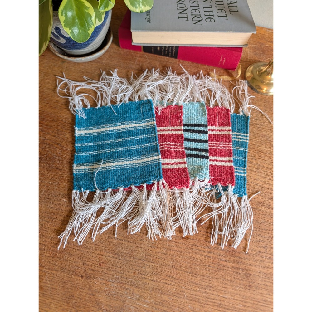 Vtg Mexican Hand Woven Coasters Set of 5 Striped Fringe Boho Textile Mats READ*